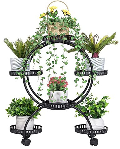 unho Metal Plant Stand Shelves, Rolling Plant Pot Stand Rack Indoor Outdoor Flower Pot Stand 4 Tier Plant Shelf 6 Potted Holders with Wheels for Patio Garden Living Room Office