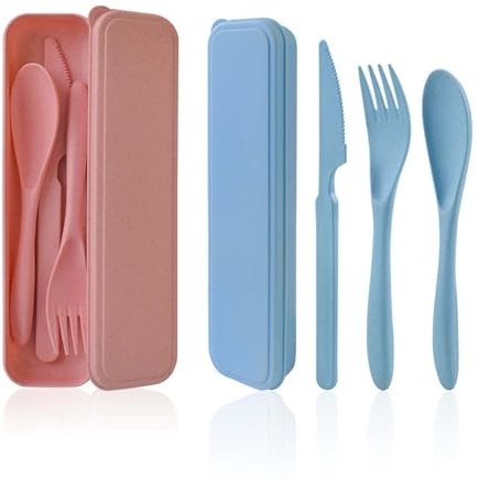 Cuayaes 2 Set Posate da Viaggio con Custodia Portatile, Posate Plastica Riutilizzabili,Coltello, Forchetta, Cucchiaio Set di Posate per Campeggio, Scuola, Pranzo Ufficio (Rosa+Blu)