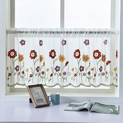 Ricemru Voile Scheibengardinen Kurzstore Landhausstil 50 Weiß Stickerei Blumenmuster Kurzvorhang Bistrogardine Transparent Modern Kurz Küche Balkontür und Fenster,100x50cm