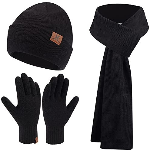 Bequemer Laden Herren Damen Winter Beanie Mütze Lang Schal Handschuhe Set | Thermo Herren Damen Wintermütze Strickmütze Winterschal Winterhandschuhe Strickhandschuhe Fleecefutter Weihnachtsgeschenke