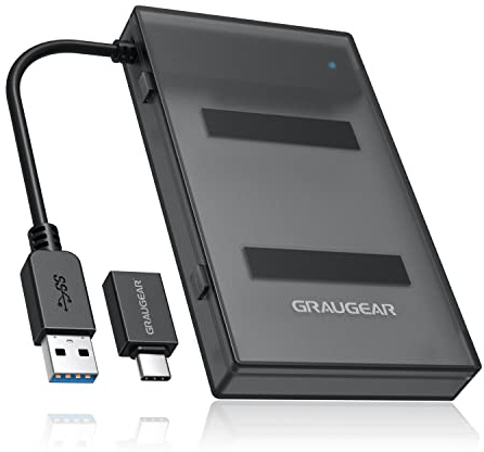 GRAUGEAR | USB-Adapter für 2,5 Zoll SATA SSD/HDD | inkl. USB-C Adapter | mit Schutzbox für Festplatten und Adapter | USB 3.0, UASP | Werkzeuglose Installation | G-2603-AC