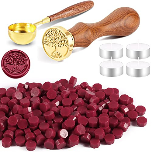 Foonii 200 Stück Siegelwachs Perlen Set Wachssiegel Stempel mit 1 Siegelstempel, 1 Schmelzlöffel, 4 Teelichte | Siegellack Perlen Set für Umschlag/Einladungen/Karten/Geschenk (Lebensbaum,Rot)