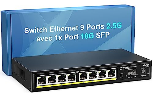 Switch Ethernet Non Géré à 9 Ports avec 2,5 Gbps et SFP 10G, VIMIN, 8 Ports Base-T de 2,5 Gbps avec Une Capacité de Commutation de 60 Gbps, Compatible avec Les Réseaux 10/100/1000 Mbps, VLAN