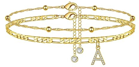TINGN Fussketten für frauen, Silber 14k Vergoldet Fußkettchen für Damen Fußkettchen mit A-Z Buchstaben Doppelte Fußkette Verstellbar Geschenk für Sommer Tochter Freund Schwester Geschenk
