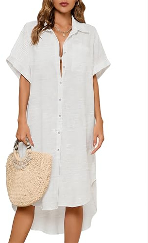Bsubseach Frauen Button Down Shirt Badeanzug Cover Up Strand Coverup Bluse Tunika Kleid Weiß M