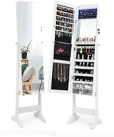 HOMASIS abschließbarer Schmuckschrank mit LED-Licht, Schmuckkasten mit 2 Spiegeln, Spiegelschrank mit 4 Schubladen & 5 Ablagen, Schmuckregal mit Kettenhaken & Ringverschluss, 41x36x158cm, Weiß