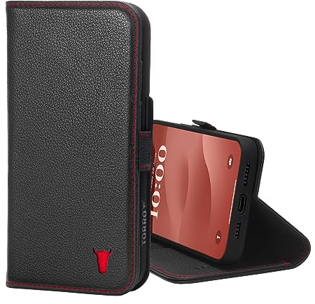 TORRO Hülle kompatibel mit iPhone 15 Pro Max – Echtlederhülle mit Standfunktion und Kartenfächern (kompatibel mit Offiziellen MagSafe-Ladegeräten) - Schwarz