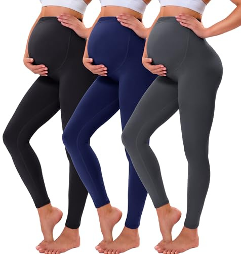 VALANDY graviditetsleggings över bula smör mjukt magstöd töjbar justerbar hög midja graviditetsbyxor yoga pyjamas, 3-pack-svart/marinblå/mörkgrå, L