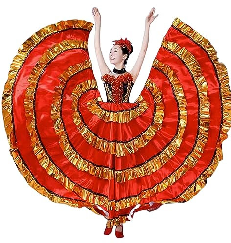 OTMYIGO Frauen kommen zum Tanzen, Rock, Zigeuner, spanischer Flamenco, Satin, Polyester, seidig, große Schaukel, Karneval, Party, Ballsaal, Kleid, Bauchtanz-Kostüm,360°,XXL