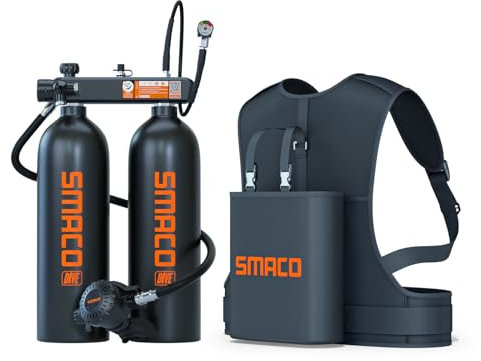 SMACO Mini-Tauchflasche 4L (zusammengebaut aus zwei 2L Zylindern) für Flachwassertauchen Tragbares Tauchflaschen-Set Unterstützt 30–45 Minuten Atem für Tauchübungen/Angeln/Boot reinigen, Set-A,Schwarz