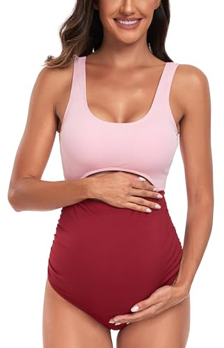 EastElegant Costume da Bagno Gravidanza con Coulisse Regolabile sul Petto, Rosa+Rosso, L