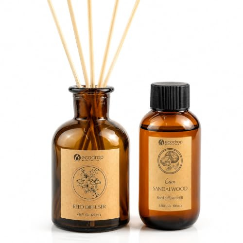 Ecodrop Coconut & Sandalwood Reed Diffuser Set 100ml, Home Fragrance | Luxury glass bottle & 6 wooden reeds, long-lasting creamy, woody home fragrance, ideal for living rooms, bathrooms and gifts.