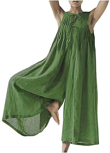EMATOP Playsuit Damen Baumwolle Leinen Jumpsuit Kurzarm Rundhals Overall Lang Sommer Hosenanzug Elegant Einfarbig Latzhose Casual Lose Breites Hosenbein Arbeitshose mit Taschen Onesie Frauen