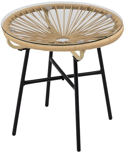 Outsunny Table Basse Ronde de Jardin Extérieur Ø 50 x 50 cm Beige | Résine Aspect Rotin, Métal, Plateau Verre Trempé