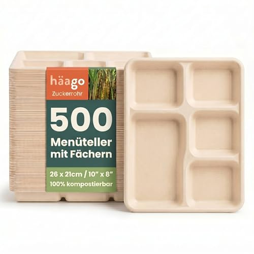HAAGO 500 Zuckerrohr Bagasse Einwegteller, 5-Geteilte Menüteller, 26cm - Stabil, Biologisch Abbaubar, Umweltfreundlich & Home Kompostierbar