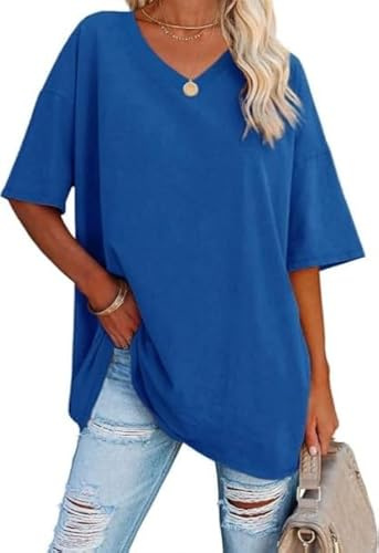Haibang Dam Överdimensionerad T-shirt Dam Kortärmad V-ringad Sommartröjor Bomull Lös Avslappnad Klassisk Basic Toppar Tee Tröja Enfärgad Blus Lös Axel, Blå, S
