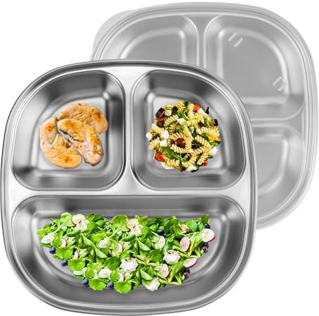 Linkidea 2 Stück Portionskontrollteller aus Edelstahl, 3-fach unterteilte Teller mit Deckel, unterteilte Teller für Erwachsene, geeignet für Diät-Lebensmittelkontrolle, Camping-Einsatz (drei Gitter)