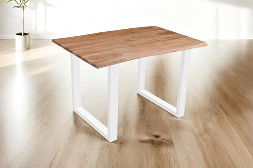 SAM Baumkantentisch 140 x 80 cm Dana, massiver Esstisch Eiche, Esszimmertisch mit U-Gestell aus Metall Weiß, echte Baumkante, pflegeleichter Holztisch