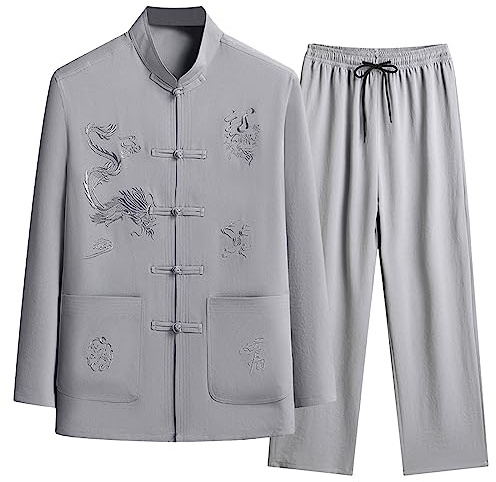 Abito Tai Chi Cinese Tang Tang Uomo Abbigliamento Tradizionale Hanfu Top Ricamati Manica E Pantaloni Fibbia Colletto alla Coreana Ricamo Sportiva Set Completo Da Casa Taglie Forti Slim