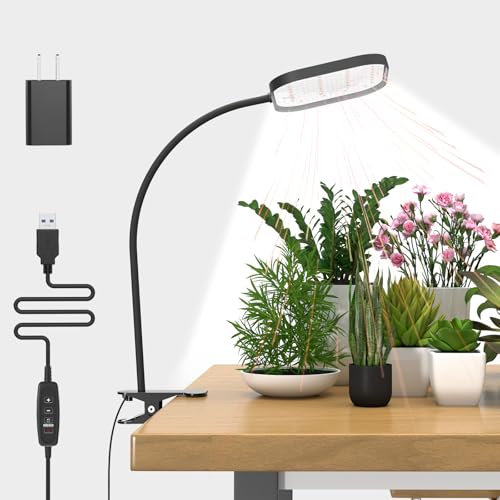 Mojimdo Grow Lights for Indoor Plants, 6000K 264 LEDs Full Spectrum Plant Light, Auto On/Off Timer (4H/8H/12H/18H)& 5 Level Dimmable Brightness, 5V Clip Grow Lamp with Gooseneck for Greenhouse, Home
