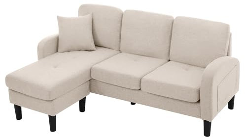AMDXD L-förmiges Ecksofa mit Chaiselongue, 3-Sitzer Sofa Atmungsaktiver Baumwoll-Leinenstoff, Kunststoffbeine, Modulares Design Schlafcouch für Wohnzimmer, Apartments, Büros, 185x118x82cm, Beige