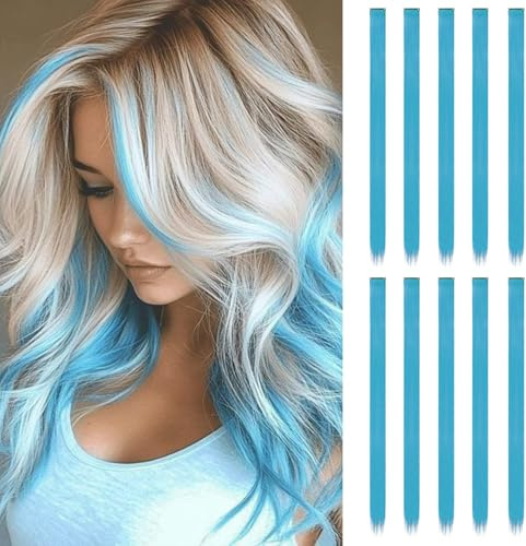 10 Stück Haarsträhnen zum Einklipsen | 55 cm Farbige Clip in Extensions | Langes glattes Bunte Haarsträhnen Kinder | Haarschmuck Mädchen (Seeblau)
