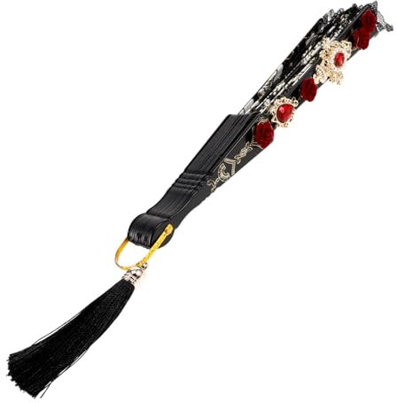 Alipis Vintage Hand Fan Black Fan Red Diamond Cross Black Tassel Chinese Style Stage Prop Photo Decor