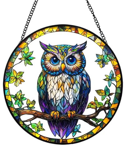 Xuoxeji Owl Sun Catchers Indoor Window Decor, 20cm/7.87in Stained Glass Ornament for Women