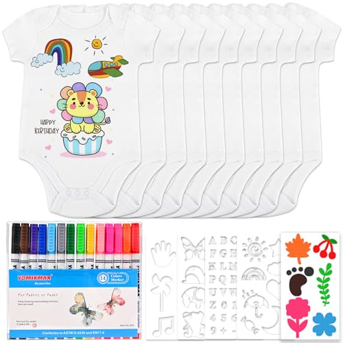 Tigvio Babybodys zum Bemalen Lätzchen zum Bemalen für Babyparty (10 Stück) | Babyparty Spiele, Lätzchen zum Bemalen Set mit Baby Body Kurzarm(38*21cm)+14 Textilstift+5 Schablonen für Gender Reveal