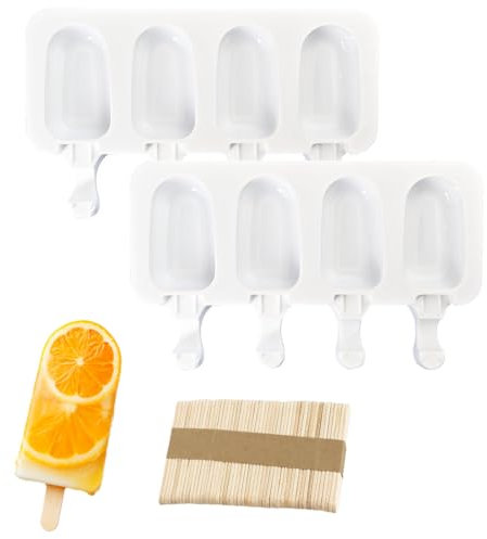OUDQFCJ Molde helado Kmolde helados silicona con palo Moldes helados silicona 2 Unidades 8 Cavidades Con Aplicar para Hacer forma de helado Viene con 50 barritas