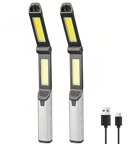 Lancoon 2 Stück Arbeitsleuchte Werkstattlampe mit LED-Taschenlampe Magnetische Basis Hängend 4 Lichtmodi 3 Arten von Dochten Ladeanschluss Faltbar Wiederaufladbar für Outdoor Garage Camping
