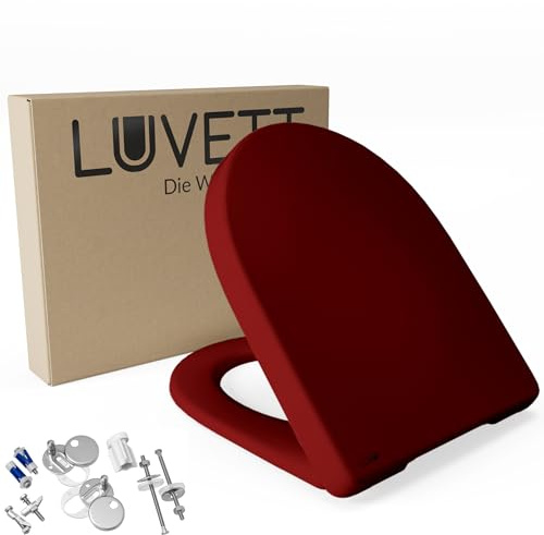 LUVETT® WC-Sitz mit Absenkautomatik D140 D-Form Soft Close® & TakeOff EasyClean Abnahme, hygienisch & beständig Duroplast WC-Deckel mit 3in1 Edelstahl Scharnier-Set, Farbe: Bordeaux Rot