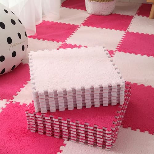 JHOMHF 9er-Pack Ineinander Greifende Spielmattenfliesen Plüschschaum Rutschfester Modularer Bodenbelag for Kinder Kindergarten Turnhalle Kindertagesstätte (12x12x0,4Zoll)(Rose Red+White)