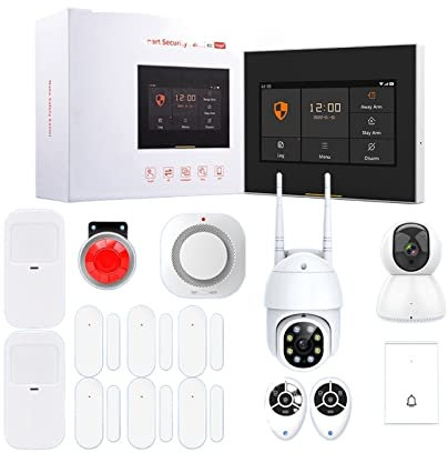 Kit Alarma Casa, Kit de alarmas de seguridad inalámbrica de Tuya for alarma de seguridad for el hogar House inteligente con sensor de humo Pir Detectores en la cámara externa