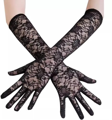 Spitzenhandschuhe Schwarz Lang Handschuhe Spitze Schwarz 80er Spitzen Lange Blumenhandschuhe Halloween Handschuhe Damen Elegant für 1920er Jahre Teeparty Hochzeit Braut Cosplay Karneval Opera Zubehör