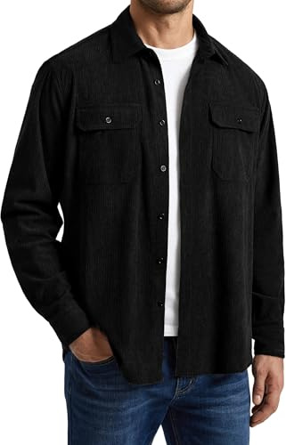 Enlision Camisa de Pana Hombre Casual Botones Sobrecamisa Estilo Retro Trucker Tacto Suave Manga Larga Blusa de Entretiempo Negro XL