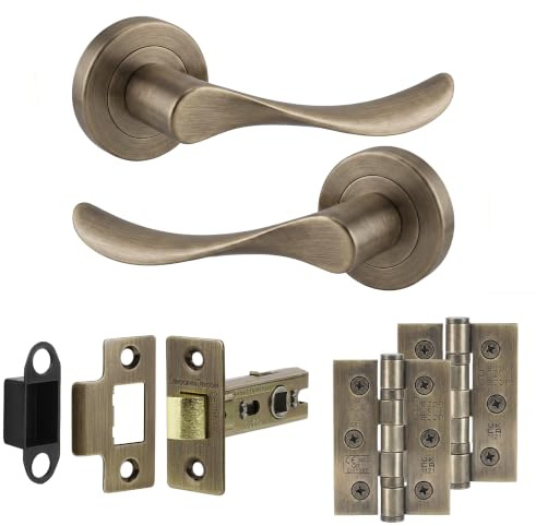 Decoranddecor Antique Brass Door Handles Internal Latch and Hinges Set | CE marked, butt hinges plus latch, solid aluminium, built to last Internal Door Handles, fits 35-42 mm doors, Nimbus Range