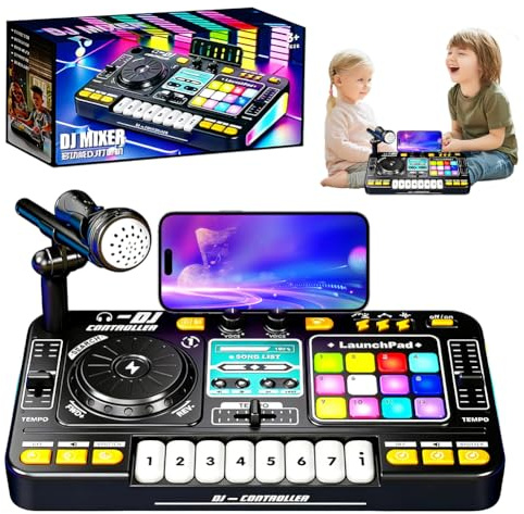 DJ Pult Kinder, DJ Controller Mischpult mit Mikrofon, 100+ Soundeffekten | Dj Pult Anfänger, Dj Mischpult Kinder, Licht, Geschenk Spielzeug für Jungen Mädchen 3-10 Jahre, für Streaming, Gesang