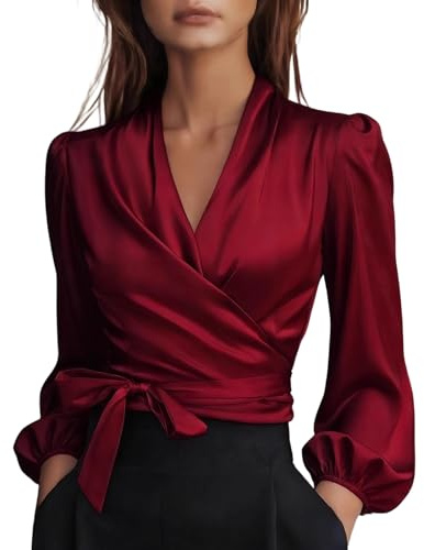 Générique Chemise Satin Femme Chic Et Élégant Blouse Satinée Femme Style Enveloppant,Col en V Croisé,Manches Longues Bouffantes,Ceinture À Nœud,Doux Tunique Top Soie De Fête,Mariage,Cocktail