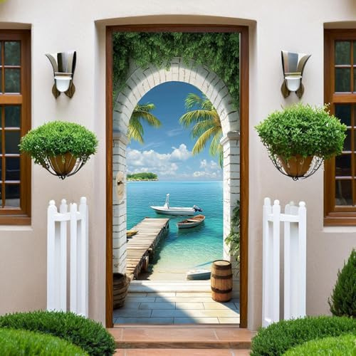 Blau Türaufkleber Strandbogen Palmen 100 x 200 cm Türtapete Selbstklebend Vinyl Türfolie Wandtapete Türdeko für Wohnzimmer Schlafzimmer Küche Bad