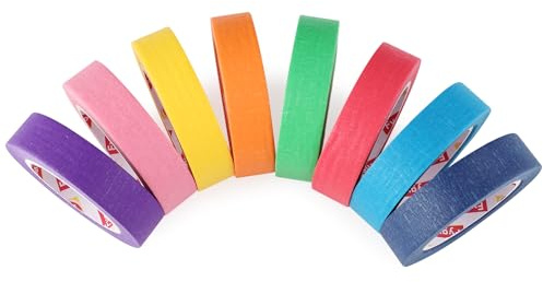 Fyguard 8 Rolls Coloured Masking Tape 15mm x 13m, Rainbow Craft Tape | Crepe paper, hand-tearable, writable surface, clean removal, for DIY, labelling, classroom and painting use