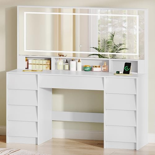 Hzuaneri Große Schminktisch mit LED-Beleuchtung und Steckdosen, Schminktisch mit Große Spiegel, Schminktische mit 9 Schubladen und 3 Offenen Fächern, Schlafzimmer, Modern, Weiß 1180303XEU