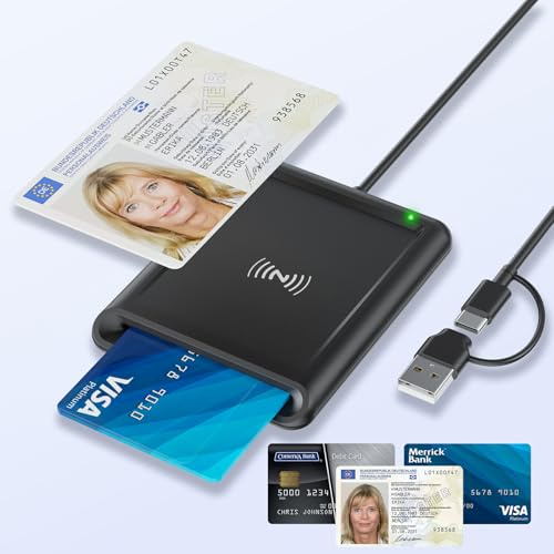 Quanlex 2in1 USB-A & USB-C Chipkartenleser mit NFC, Kartenlesegerät für den neuen Personalausweis, Smart Card Reader kompatibel mit Windows, Linux, Android & Mac, 95cm Kabel