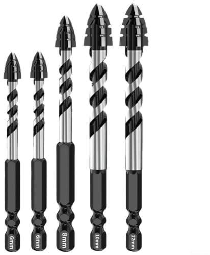Exzenterbohrer Set für Glas zum Fliesenstanzen Vier Rillen Dreieck Design Stahllegierung Sechskantschaft Werkzeuge für Granit Zement Stein Platte Bohren 5 Stück
