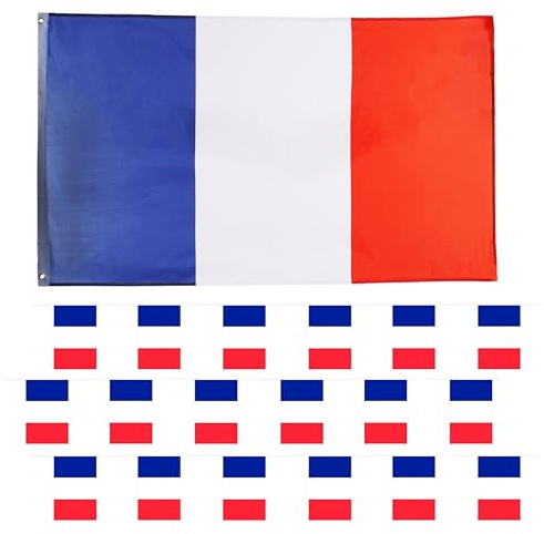 Wimpelkette mit Frankreich-Flagge und Flagge, Set – Französische – Allwetter-Wimpelkette ca. 10m – 20 Flaggen – große Flagge mit Ösen ca. 5ft x 3ft – Fußball, Rugby, Outdoor-Sportveranstaltungen
