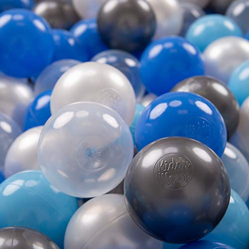 KiddyMoon 200 Ø 7 cm barnbollar lekbollar för bollbad baby plastbollar tillverkade i EU, pärla/blå/babyblå/genomskinlig/silver