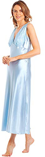 Undercover Womens Satin & Deep Lace Long Chemise Nightdress with Build Up Shoulder N52 Pale Blue