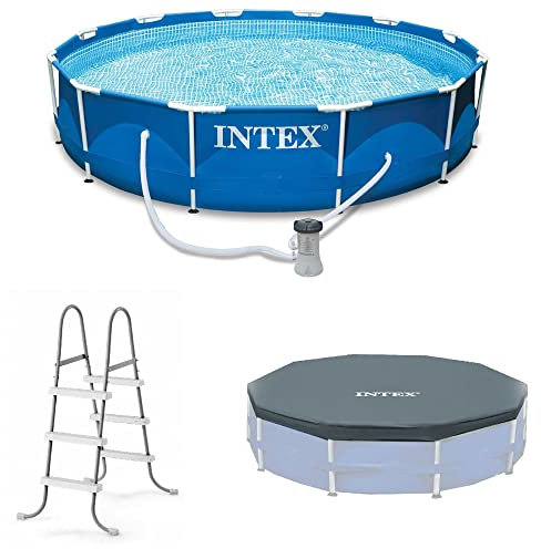 Intex 12 Foot by 30 Inch Metal Frame Round Above Ground Swimming Pool with Pump, PVC Vinyl Cover, and 42 Inch Tall Steel Ladder