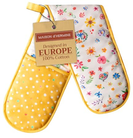 Maison d' Hermine Double Oven Mitts 100% Double Cotton Oven Glove 18 x 89cm | Heat Resistant BBQ Cooking Gloves with Loop Baking Grilling Kitchen Hotel Home Spring Summer - Happy Florals - Sweety