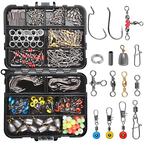 OROOTL Fishing Swivels Snaps Kit 226pcs/Box Fishing Tackle Kit with Hooks Swivels Sinker Weights Split Rings Fishing Beads, Corrosion Resistant for Freshwater Saltwater with Storage Box